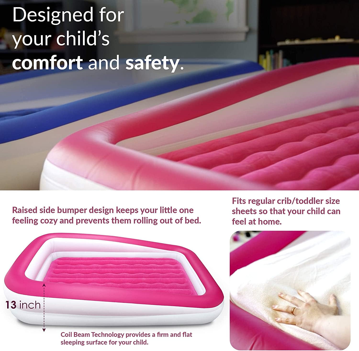 Inflatable Toddler Kids Travel Bed Safety Bumpers Portable Blow Up Air Mattress 