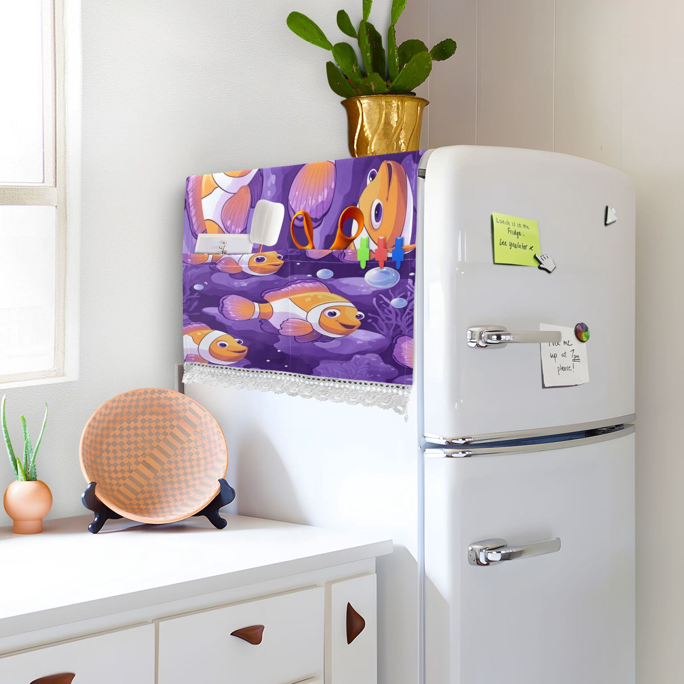 Washing Machine Cover 51.2x22in, Durable Polyester Dust Cover with Lace Trim and Side Pocket for Appliances Tropical Clownfish