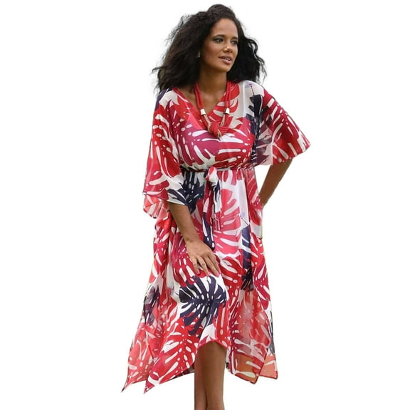 EDOLYNSA Red Causal Printed Sexy V Neck Self Tie Batwing Sleeve Women Dresses Vintage Patchwork Bohemian Beach Wear Maxi Dresses