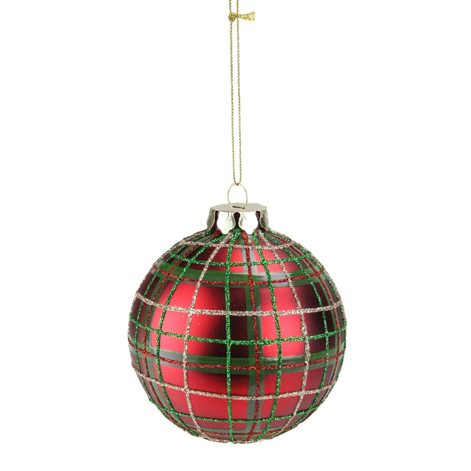 Green Red and Gold Plaid Glass Ball Christmas Ornament 3.25" (80mm