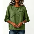 thumbnail image 3 of Lenpel Cotton Linen Shirts for Women Crew Neck Half Sleeve Boho Tops Casual Vintage Frayed Blouses Beach Vacation Clothes, 3 of 6