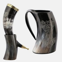 Viking Drinking Horn Mug and Drinking Horn With Stand 16 oz Genuine Handcrafted Cup for Mead, Wine, Ale, Water and Beer Tankard 2 Pcs Set Thor Horn & Thor Mug