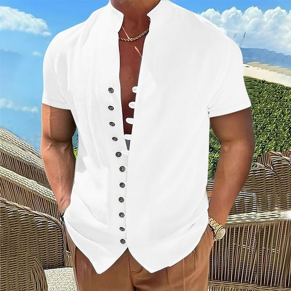 BADHUB Cotton Linen Shirt for Men Loose Fit Short Sleeve Button Down Shirt Soild Color Lightweight Beach Shirt Summer Hippie Tops
