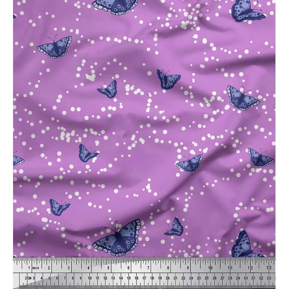 Soimoi Purple Silk Fabric Dot & Butterfly Printed Fabric 1 Yard 42 Inch Wide