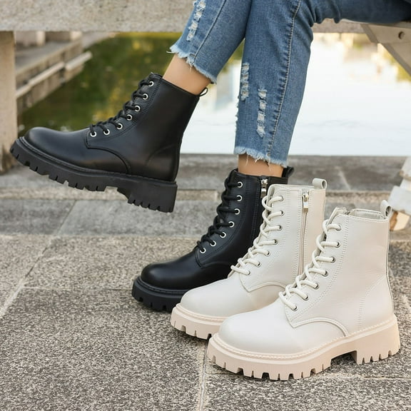 LOVZFMLL Boots for Women Ankle Combat Boots Lace Up Round Toe Adjustable Straps Low Chunky Heel Classic Fall Winter Boots