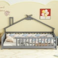 thumbnail image 3 of Twin House-Shaped Bedside Floor Bed with Guardrails, Slats, Grey, 3 of 7
