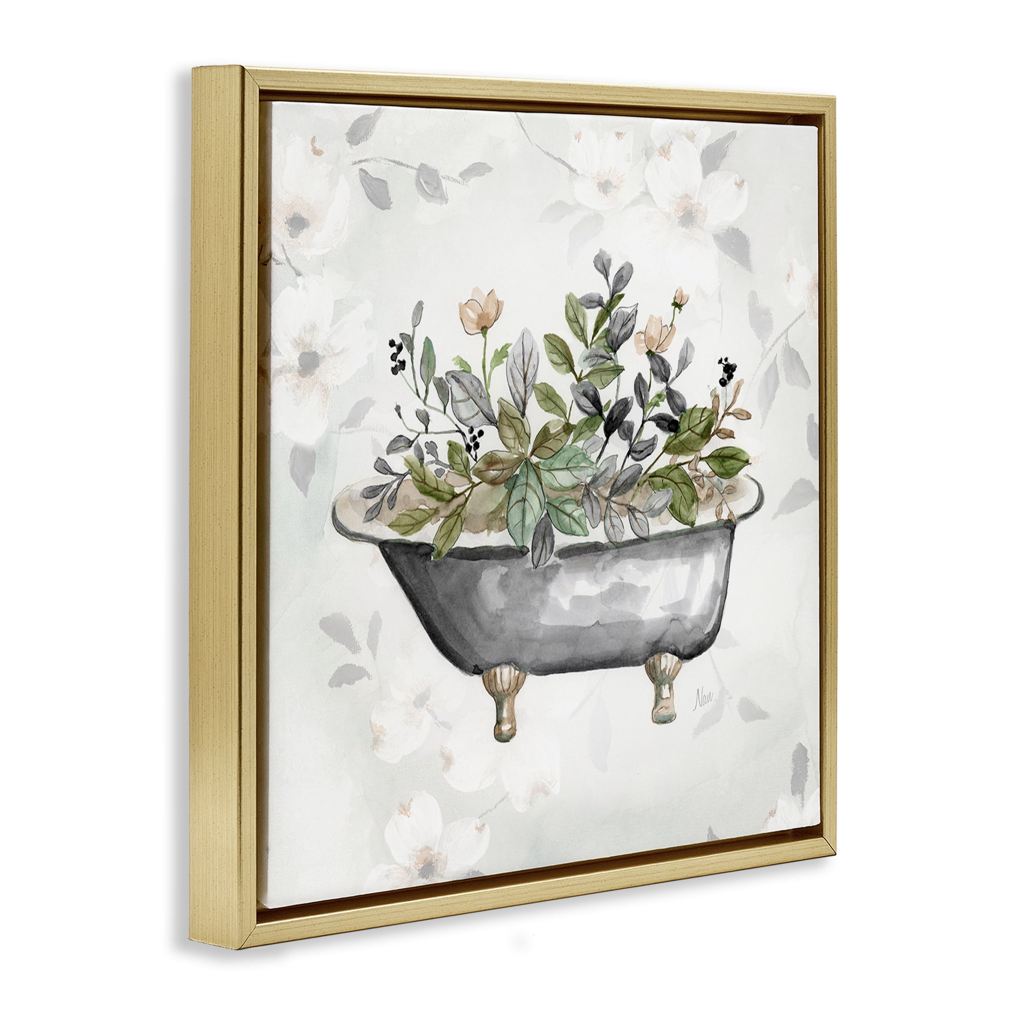 Stupell Industries Leaf Patterned Tub Typography Painting Gold Floater Framed Canvas Art Print Wall Art, 18 x 18