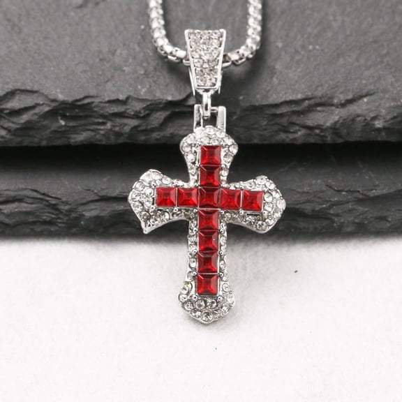 ERDOUY handmade necklace pendant, suitable for both men and women, full diamond cross necklace, zircon pendant, hip-hop trend, personalized and versatile long necklace (red)