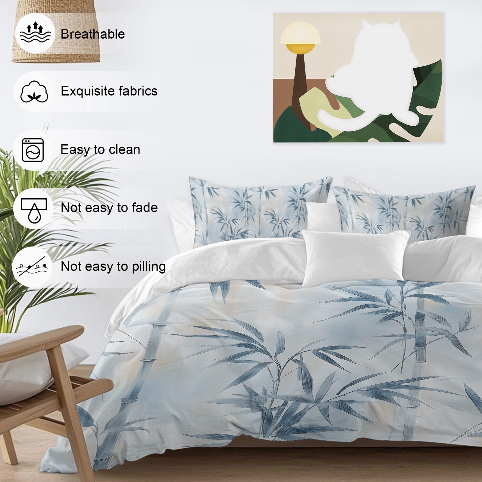 Bamboos Leaf Queen Duvet Cover Set, Abstract Blue Leaves Branches Watercolor 4 Piece Microfiber Bedding Set with Zipper Closure, Bed Sheet and 2 Pillow Shams, Soft Bedding Cover