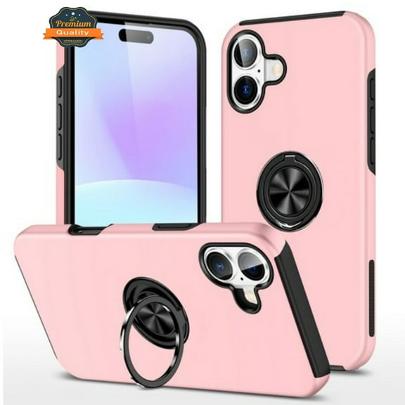 Hybrid Case with 360° Metal Ring Kickstand Slim Hard Back for Apple iPhone 17 phone Cover - Pink