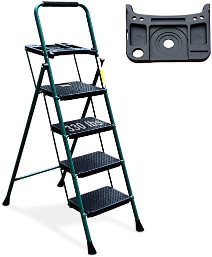 BAOYOUNI 5 Step Ladder Folding Step Stool Heavy Duty Stepladders with Safety Handle and Anti-Slip Wide Pedal Multi-Purpose Household Tool for Home Office Garage