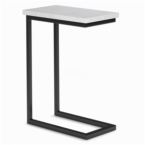 White Marble C-Shaped End Table with Metal Frame, Industrial Side Table for Living Room and Bedroom