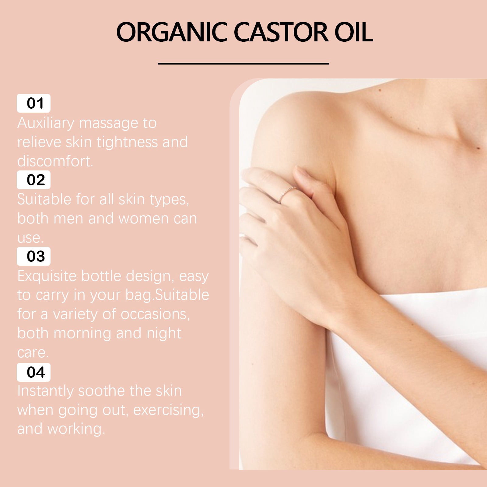 Organic Castor Oil Roll-On with Rose Quartz Roller, 50ml Bottle with Roller Ball, 100% Pure Extra Virgin Cold-Pressed for Skin, Brows & Lashes