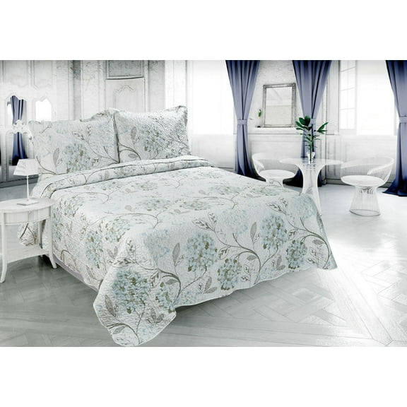 Marina Decoration Couvre-lit Pinsonic imprimé en relief ultra doux avec taies d'oreiller, motif floral d'hortensia bleu