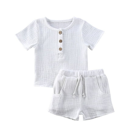 

Fanvereka Baby Cute Shorts Set Solid Color Style Round Neck Short Sleeve Button Closure Top Breathable Elastic Breeches Suit