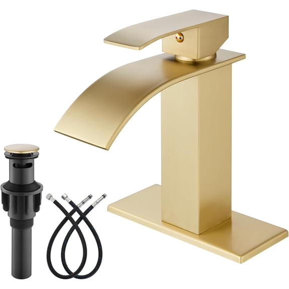 Zovajonia Brushed Gold Waterfall Bathroom Faucet, Single Handle for 1 or 3 Hole, w/ Deck Plate, Pop-Up Drain & Supply Hoses