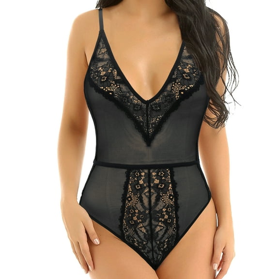 Curve Muse Women's Lingerie Lace Babydoll V Neck One Piece Mesh Bodysuit Nightwear-BLACK-M