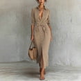 thumbnail image 2 of CIENVNSTG Women's Maxi Dress Button Down Casual Shirt Dress Long Sleeve Lapel Collared Cocktail Wedding Guest Dress Khaki 2XL, 2 of 4