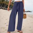 thumbnail image 2 of KPOPLK Ladies Pants with Pockets Linen Women Petite Length Loose Cotton Solid Trousers Pants Wide Leg Pants for Women for Beach Vacation Day to Night Everyday Wear Size L,Dark Blue, 2 of 6