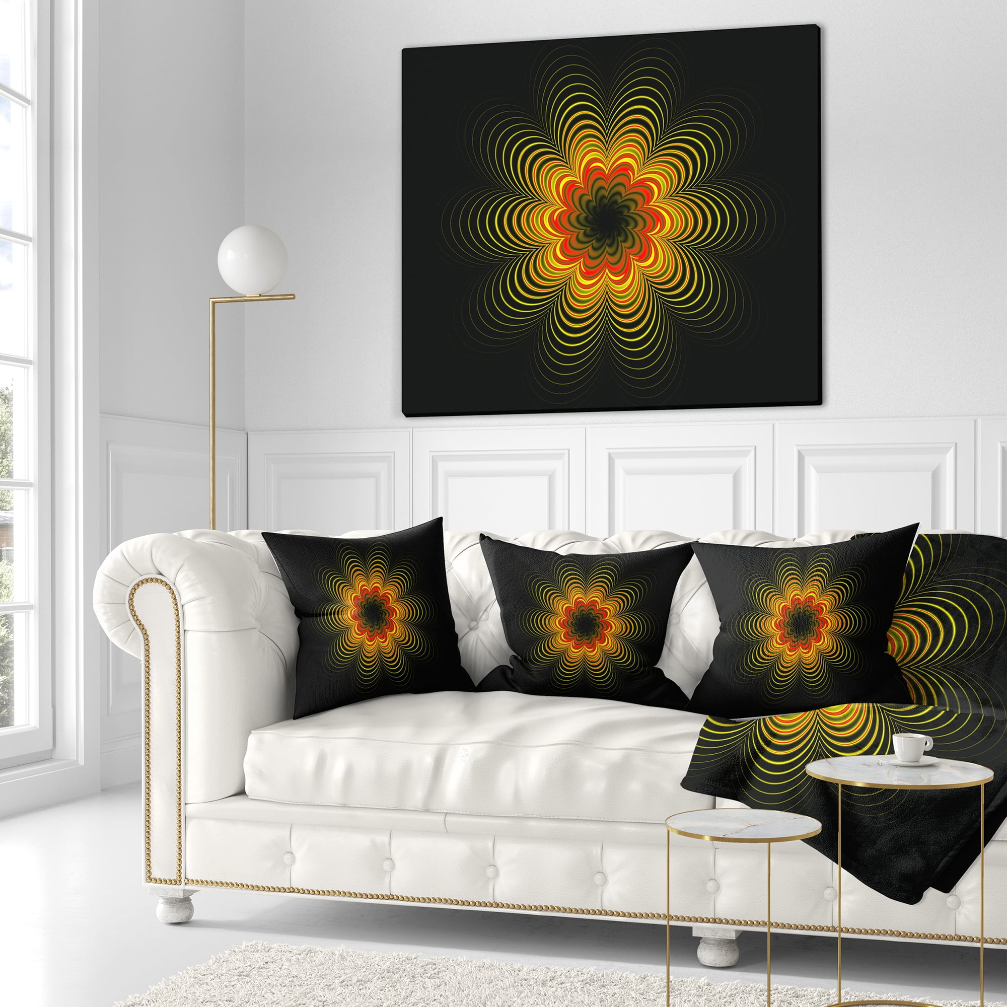 Designart Psychedelic Yellow Fractal Flower - Floral Throw Pillow - 16x16