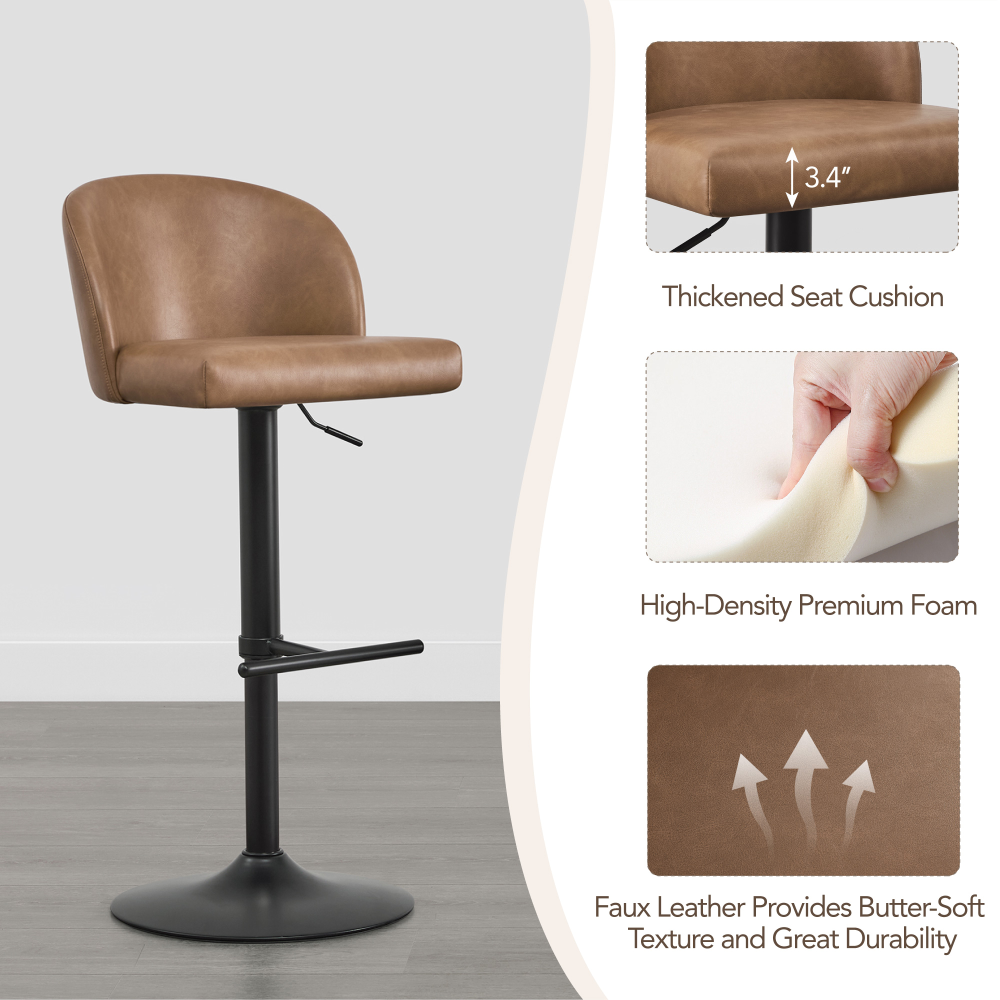 Spruce & Spring Modern Adjustable Swivel Bar Stool with Air-Lift Set of 3, Cognac with Black Frame