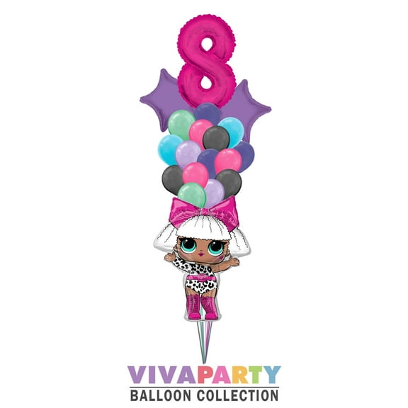 19 pc LOL Super Shape Diva with Solid Star and Latex Balloon Bouquet 19 pc, 8th Birthday, Hot Pink Number 8 Jumbo Balloon | Viva Party Balloon Collection