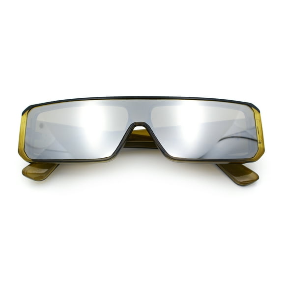 Bold Narrow Rectangle Shield Inset Lens 80s Robotic Plastic Sunglasses Green - Silver Mirror