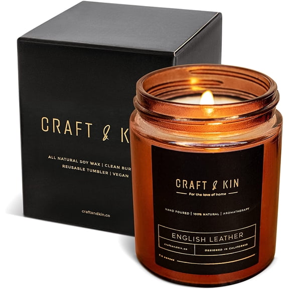 Craft & Kin Amber Glass Scented Soy Candles - English Leather (8 oz)