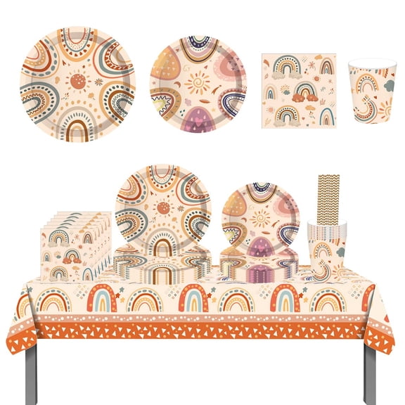ZOOMPIL Rainbow Party Supplies Tableware Set, Boho Rainbow Party Decorations, with Plates,Cups,Napkins,Straws,Tablecloth,for Birthday Rainbow Theme Fiesta Carnival Decorationsfor 8 Guests