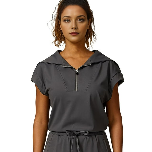 Conjuntos Cortos de Chándal de Verano con Media Cremallera para Mujer Gris Oscuro L
