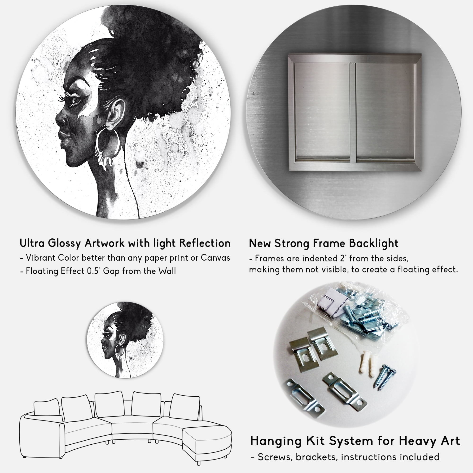 Designart 'Black and White Portrait of African American Woman I' Modern Circle Metal Wall Art 11x11 - Disc of 11