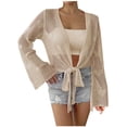 thumbnail image 2 of Qzwdhjm Womens Bathing Suit Cover Up Crochet Hollow Out Cardigan Tie Front Bell Sleeve Swimsuit Coverup Beach Loungwear Coverups, 2 of 5