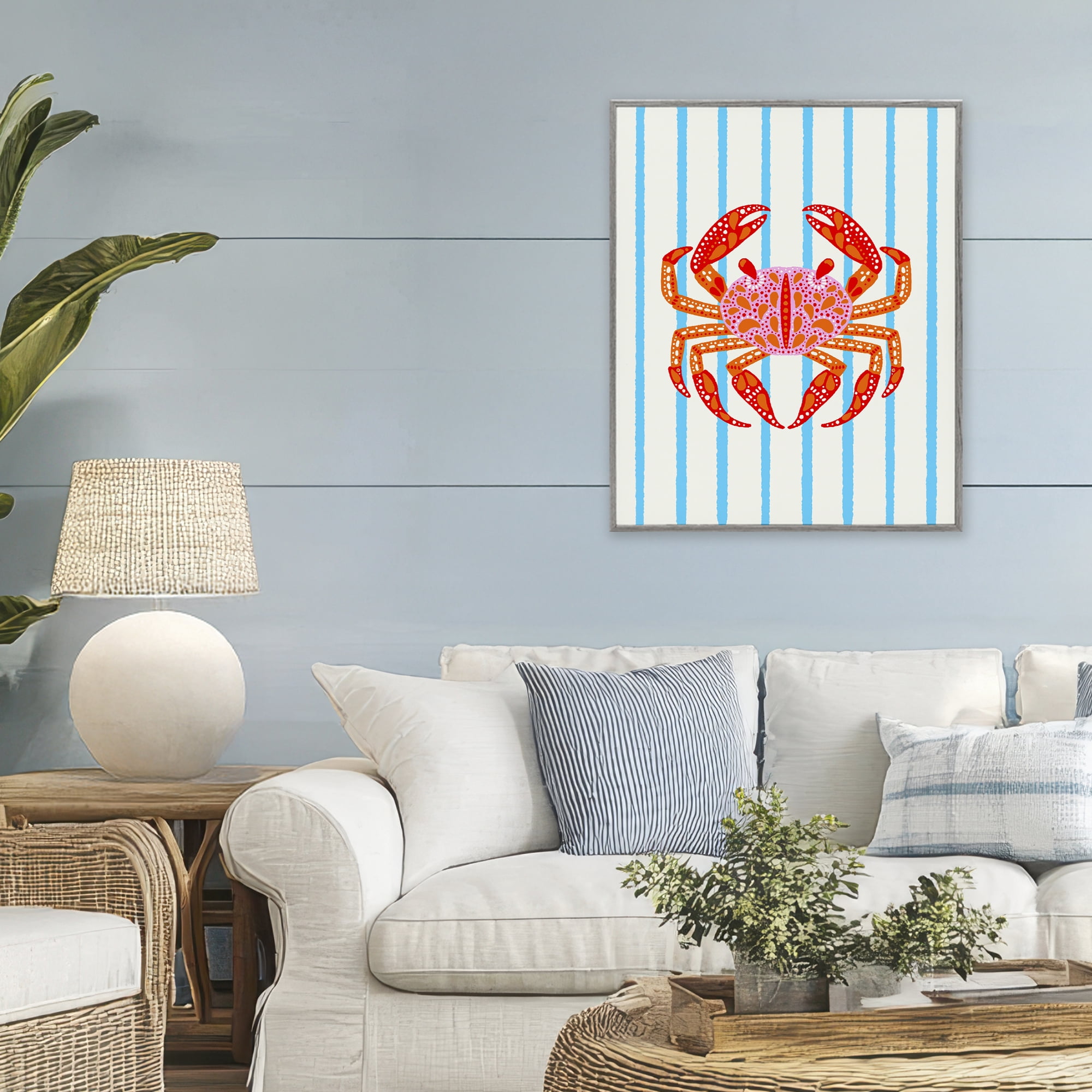 Stupell Industries Bright Crab on Stripes Gray Framed Giclee Art, design by Indira Prieto | IndySign