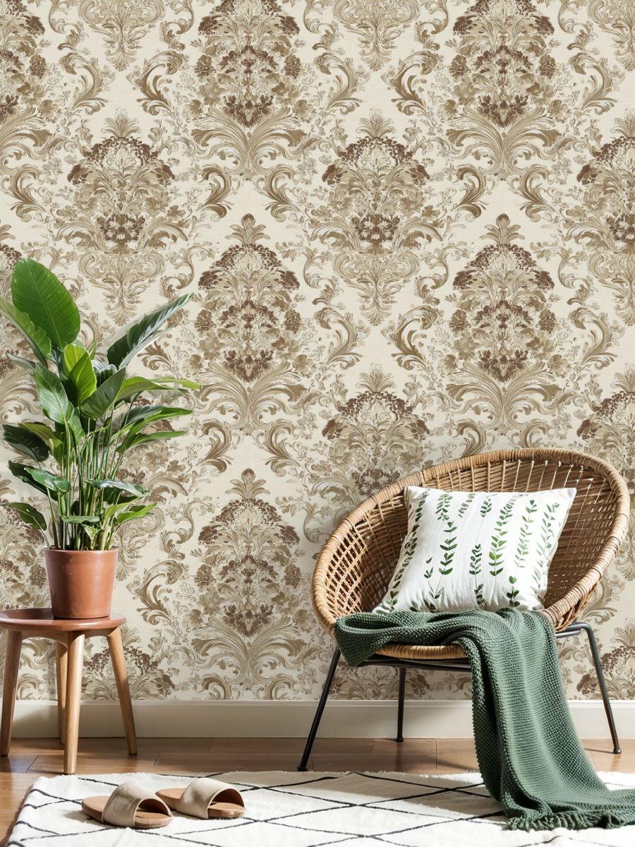 Vintage Peel and Stick Wallpaper 17.7in x 9.8ft Elegant Baroque Floral Damask Earth Tones Contact Paper Vinyl Waterproof Self Adhesive Wall Paper for Bedroom Shelf Cabinet Renter Friendly