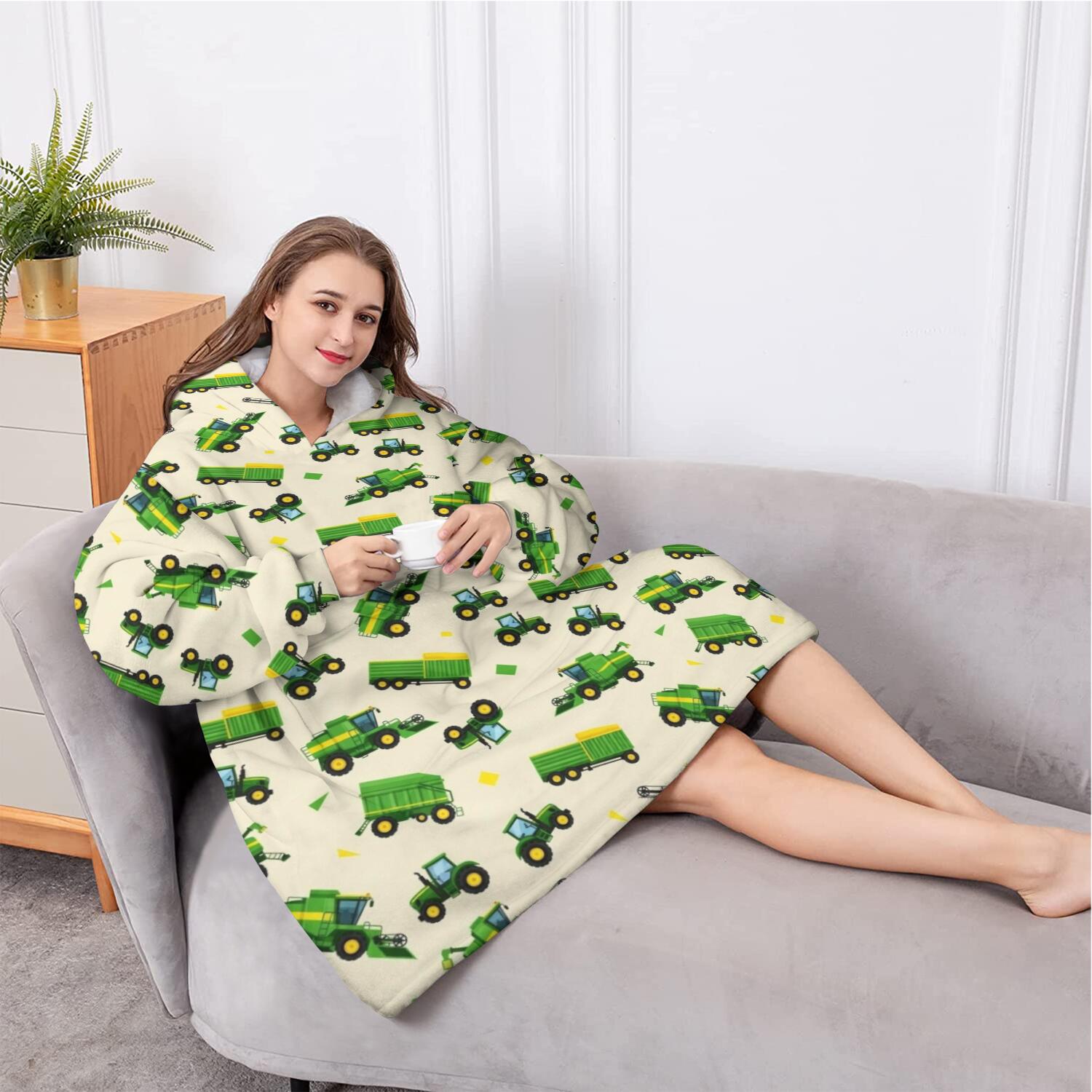 Oversized Wearable Blanket Hoodie,Cartoon Tractors Green Beige Pattern Sherpa Blanket Hoodie with Super Pockets,Super Warm Fuzzy Pullover for Women & Men