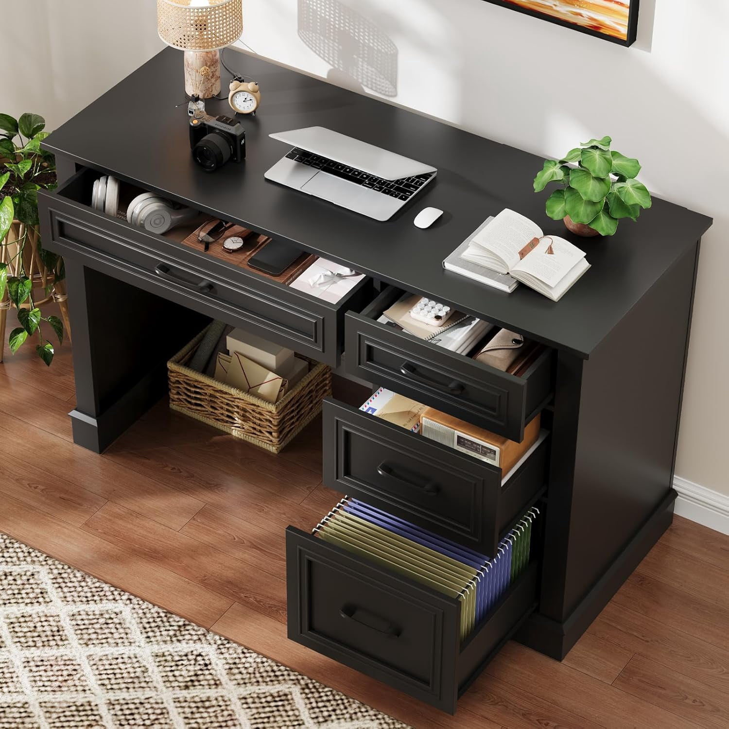 Farmhouse 47" Executive Desk with File Drawer, Computer Desk with 4 Drawers, Workstation for Study, Home Office, Writing, Pure Black.