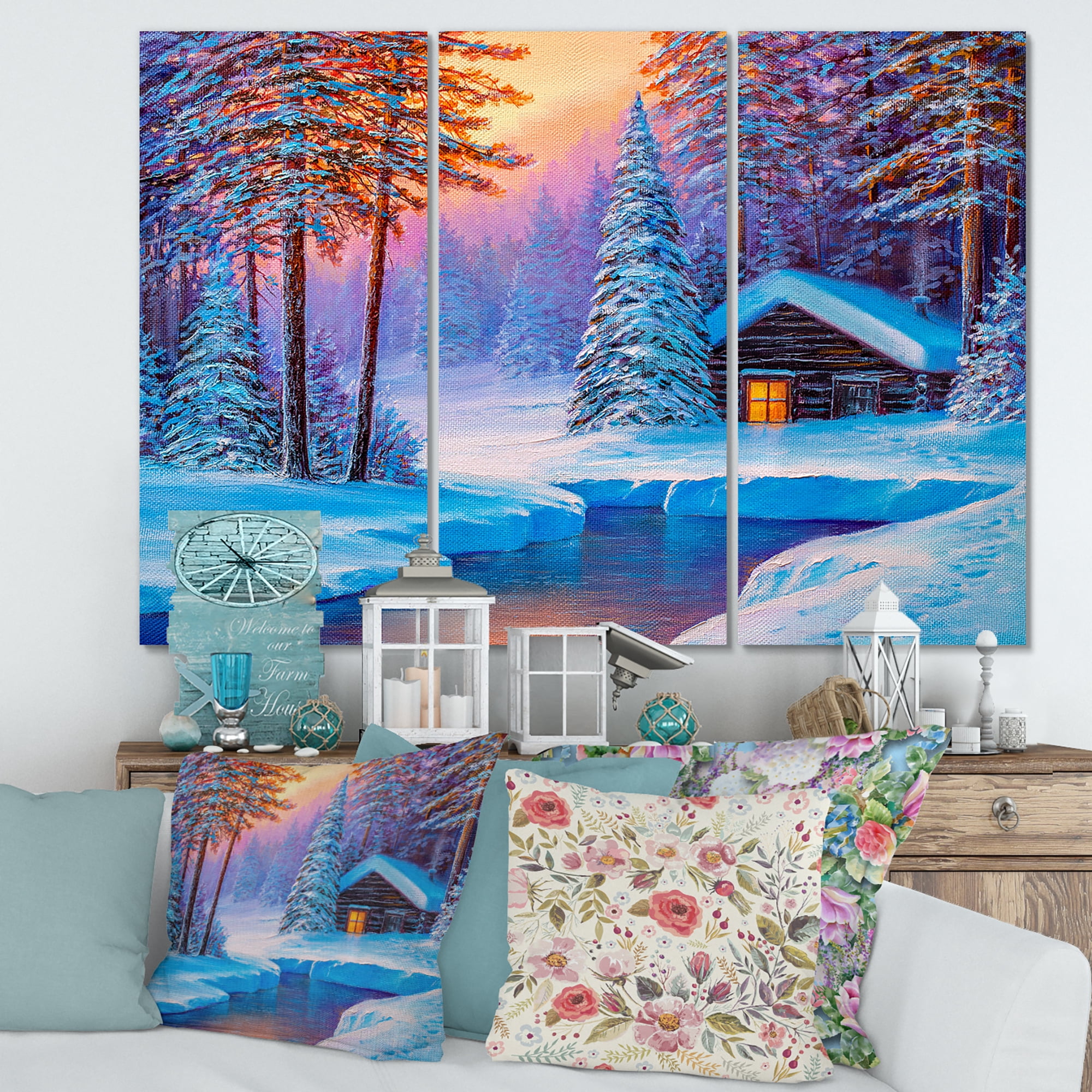 Designart ' Old Cabin In Winter Forest In Evening Glow I ' Traditional Canvas Wall Art Print