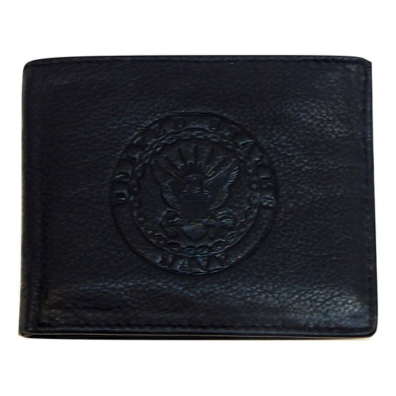 US Armed Forces Collection Men Genuine Leather RFID Wallet - Gift Box (US Navy Bi-Fold, Black)