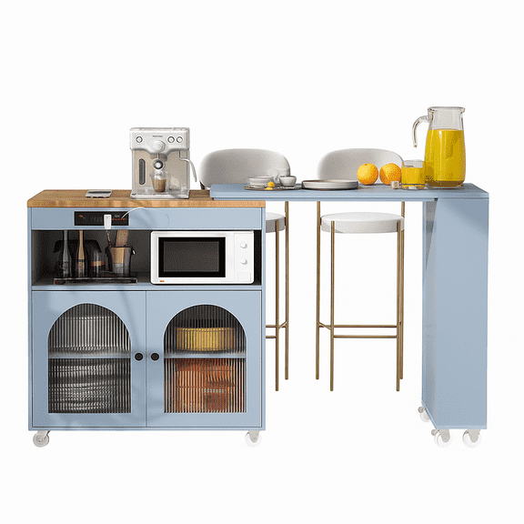 K&K Rolling Kitchen Island With Extended Table, Kitchen Island on Wheels with LED Lights,Power Outlets and 2 Fluted Glass Doors, Kitchen Island with a Storage Compartment and Side 3 Open Shelves