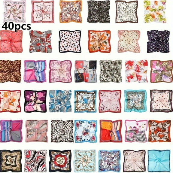 40Pcs Scarves Headscarf Gift Box, Random Combination Bulk Silk-Like Satin Scarfs, Random Fashion Printed Neck Scarf, 19.7×19.7Inch, for Daily Commute, Party, Mother’s Day Gift for Sister, Daughter