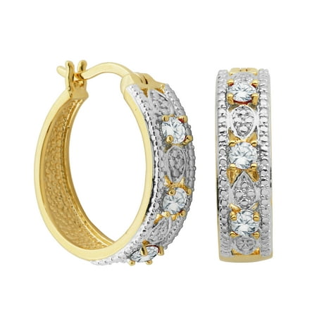 14k Yellow Gold Over Fine Silver Plated Bronze Genuine White Topaz and Diamond Accent Hoop Earrings