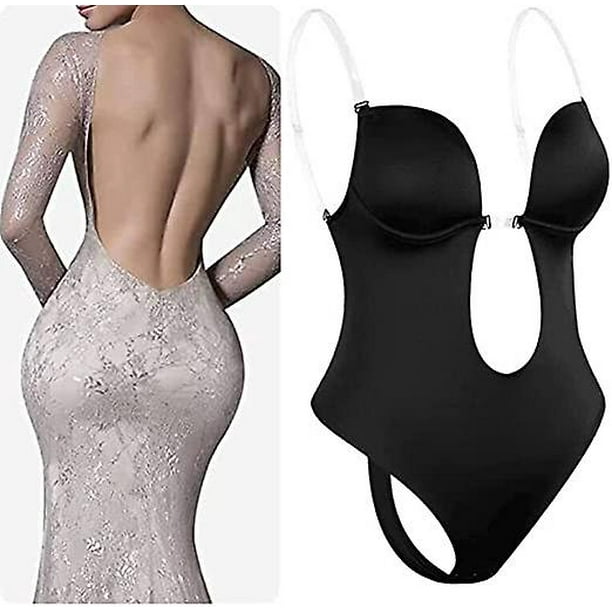 Women Backless Shapewear U Plunge Bra Body Shaper Deep V Neck Tummy Control  Underwear Seamless Thong Full Bodysuits For Low Back Dress Party Wedding 