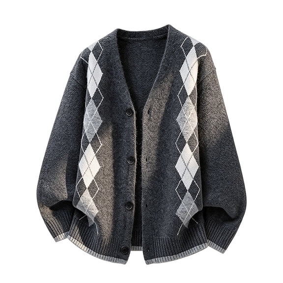 Mens Cardigan Sweaters Argyle Plaid Button Down V Neck Knit Long Sleeve Loose Knit Outerwear Sweaters Tops