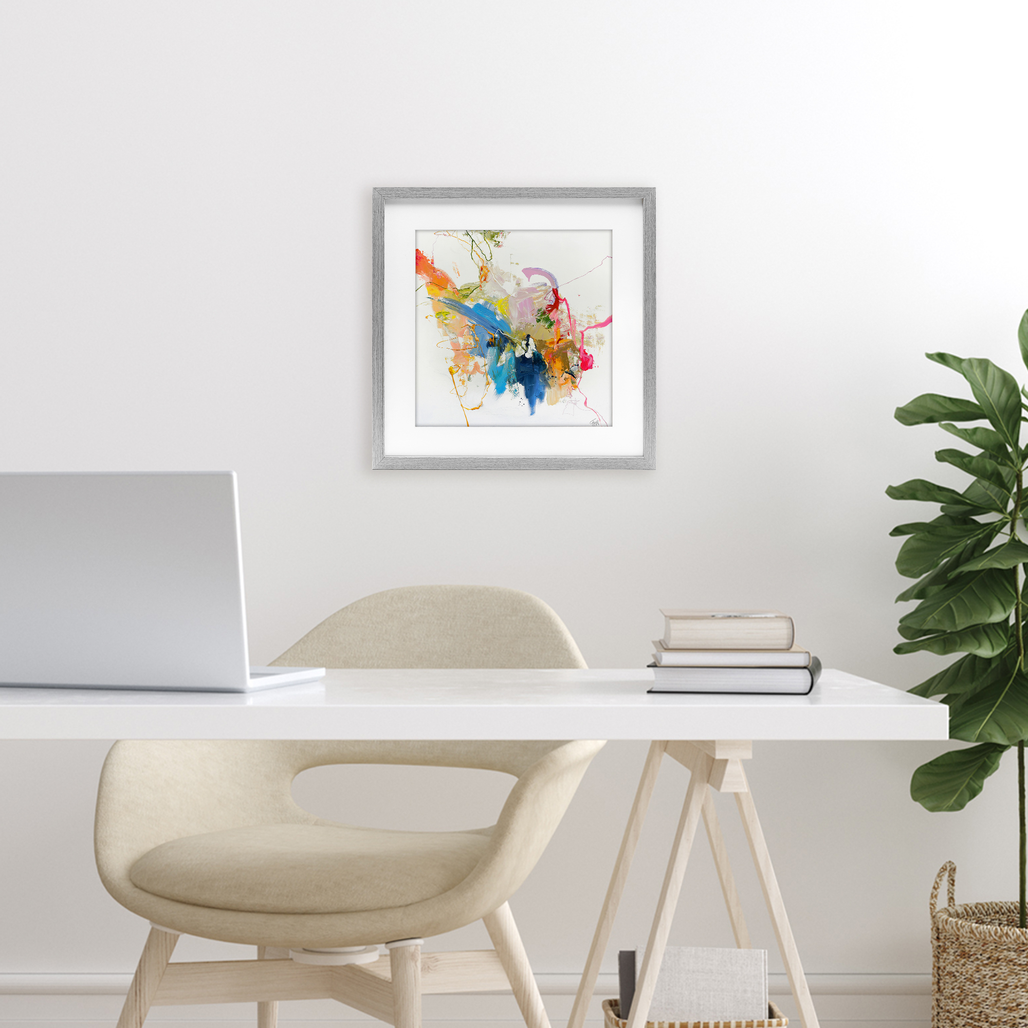 Confident Pink Abstraction Gray Framed Print Under Glass, design by Design Fabrikken