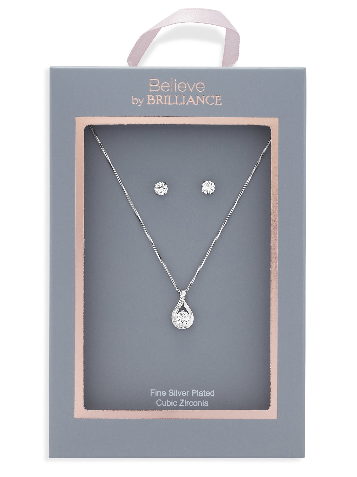 Believe by Brilliance Women's Fine Silver Plated CZ Infinity Pendant and Earring Set