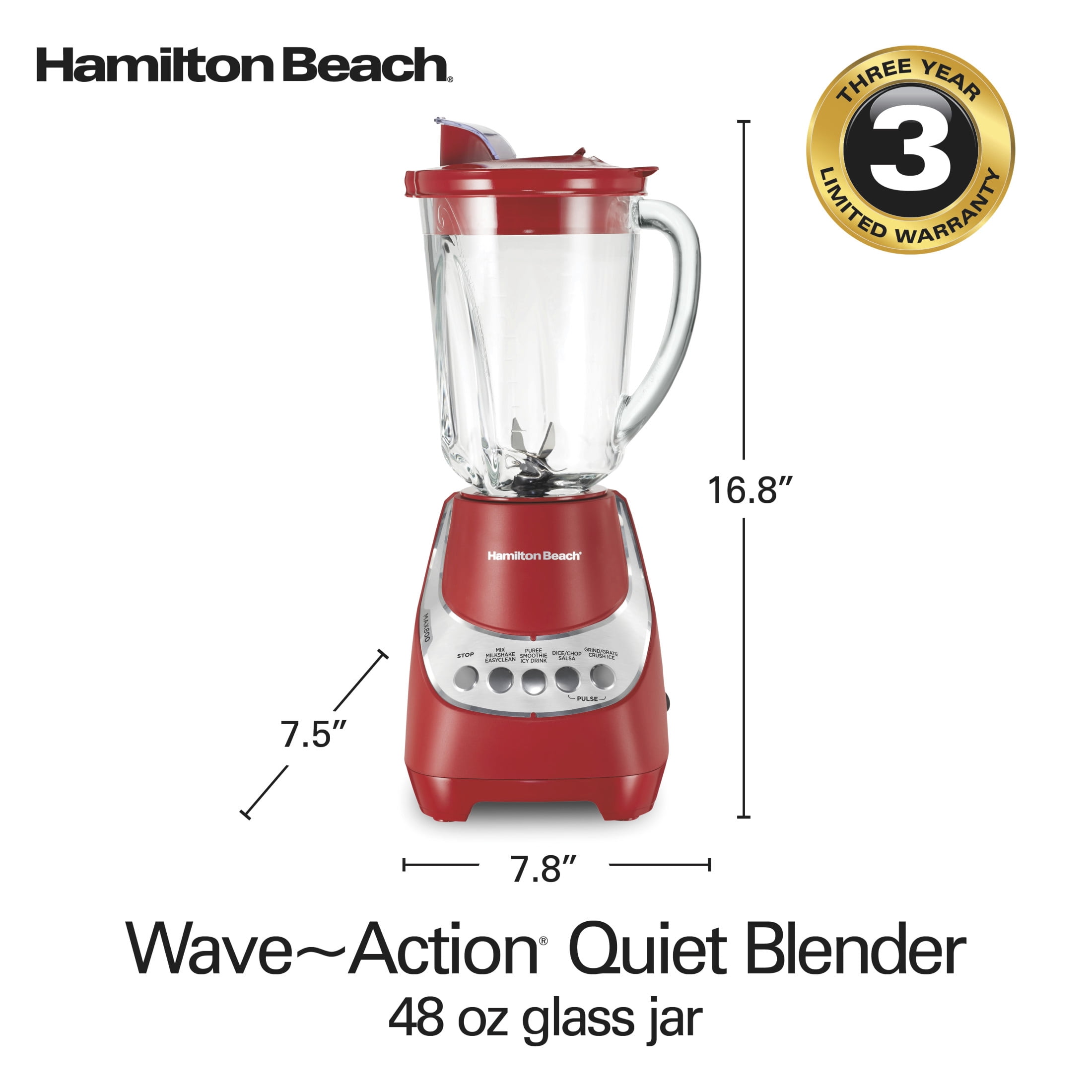 Hamilton Beach Wave Action Blender for Kitchen, 48 oz Jar for Smoothies and Shakes, Red