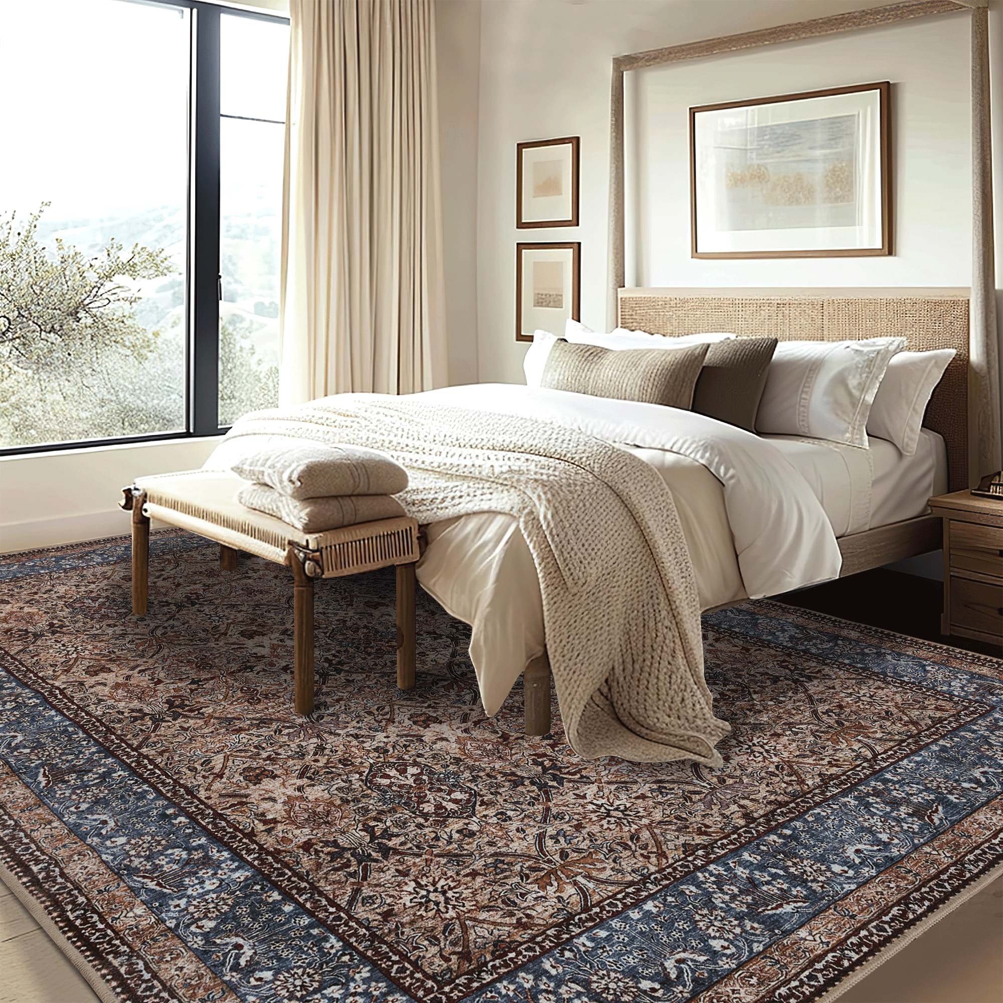 NICETOWN Area Rug 6'x9' Washable Living Room Rug, Non-Slip Vintage Floral Rug Indoor Large Carpet Non-Shedding Mat for Bedroom, Dusty Blue