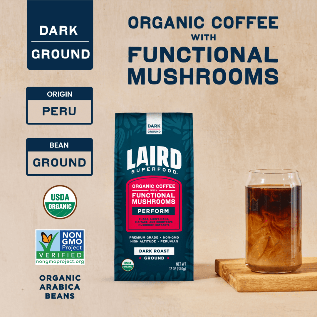 Laird Superfood Peruvian Dark Roast Coffee with Functional Mushrooms, Certified Organic Peruvian Ground Coffee Beans, Gluten-Free, Dairy-Free, Non-GMO, Paleo, Keto Friendly, 12 oz. Bag