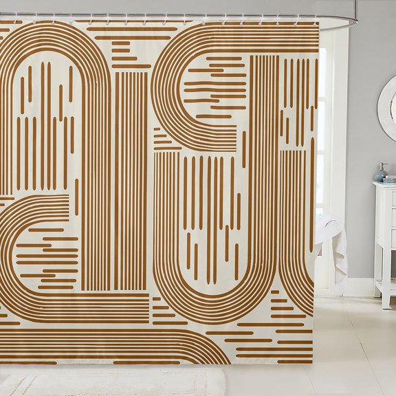 Boho Abstract Shower Curtain Brown Line Geometric Fabric Bathroom Curtain with Hooks 71x71 inches