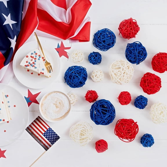 Independence Day Red White Blue Natural Rattan Round Balls Hanging Decorations - 24-Pack 1.2", 2", 2.4" (3Cm/5Cm/6Cm) Mixed Sizes For Us Patriotic Party Event - Home Office Party